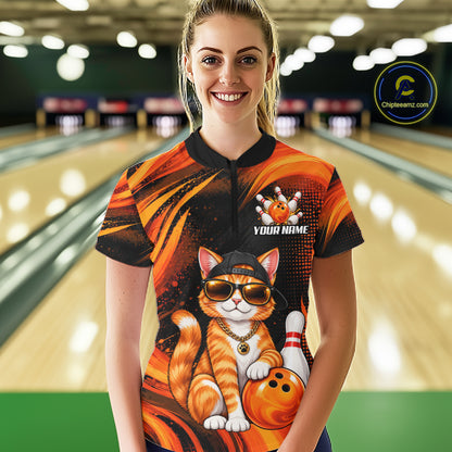 Custom Orange Funny Cat Bowling Jerseys for Women Bowling Team Jerseys Bowling for Bowlers HNT605