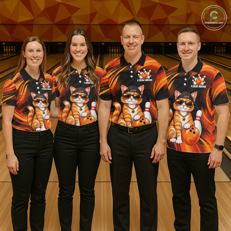 Custom Orange Funny Cat Bowling Jerseys for Women Bowling Team Jerseys Bowling for Bowlers HNT605