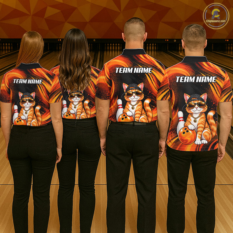 Custom Orange Funny Cat Bowling Jerseys for Men Bowling Team Jerseys Bowling for Bowlers HNT605