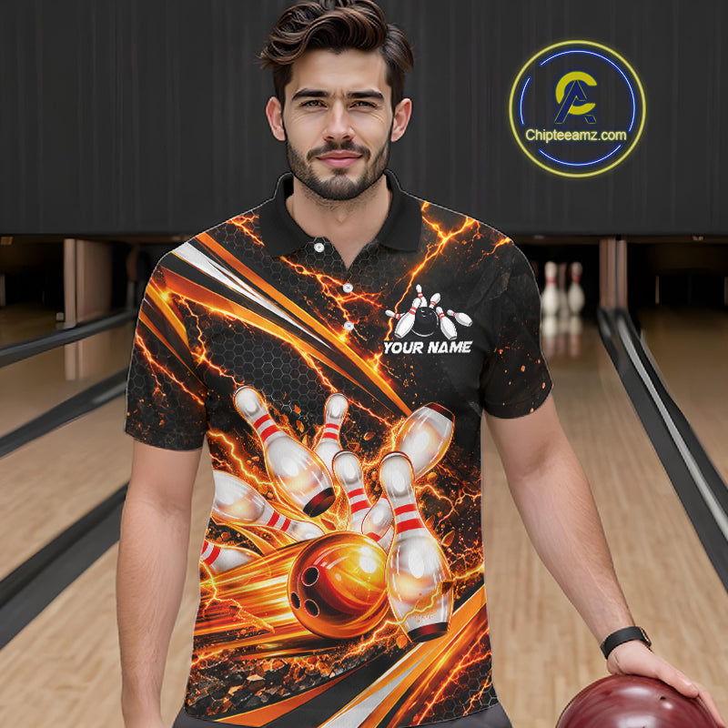Custom Orange Thunder Bowling Jerseys for Men Bowling Team Jerseys Bowling for Bowlers HNT607
