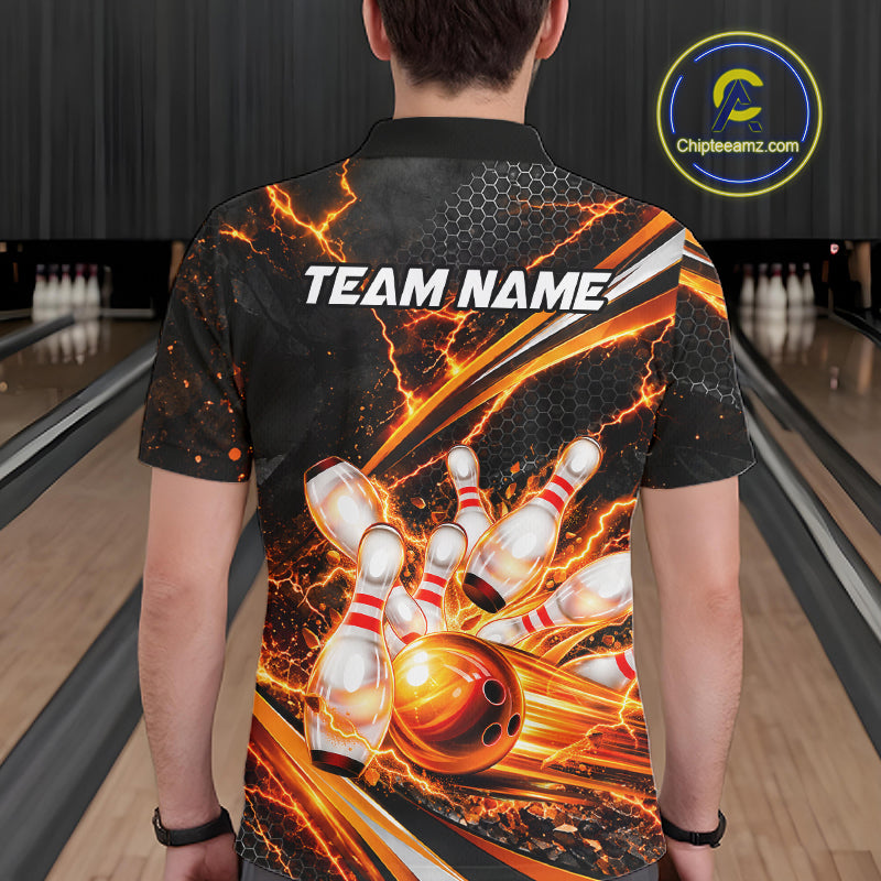 Custom Orange Thunder Bowling Jerseys for Men Bowling Team Jerseys Bowling for Bowlers HNT607