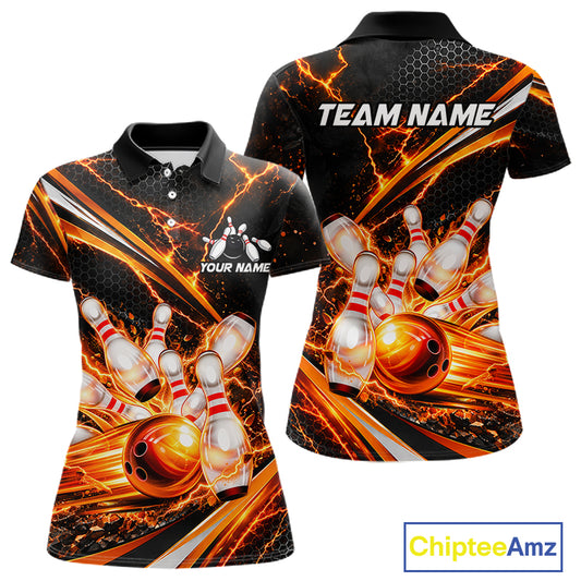 Custom Orange Thunder Bowling Jerseys for Women Bowling Team Jerseys Bowling for Bowlers HNT607