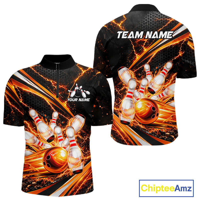 Custom Orange Thunder Bowling Jerseys for Men Bowling Team Jerseys Bowling for Bowlers HNT607
