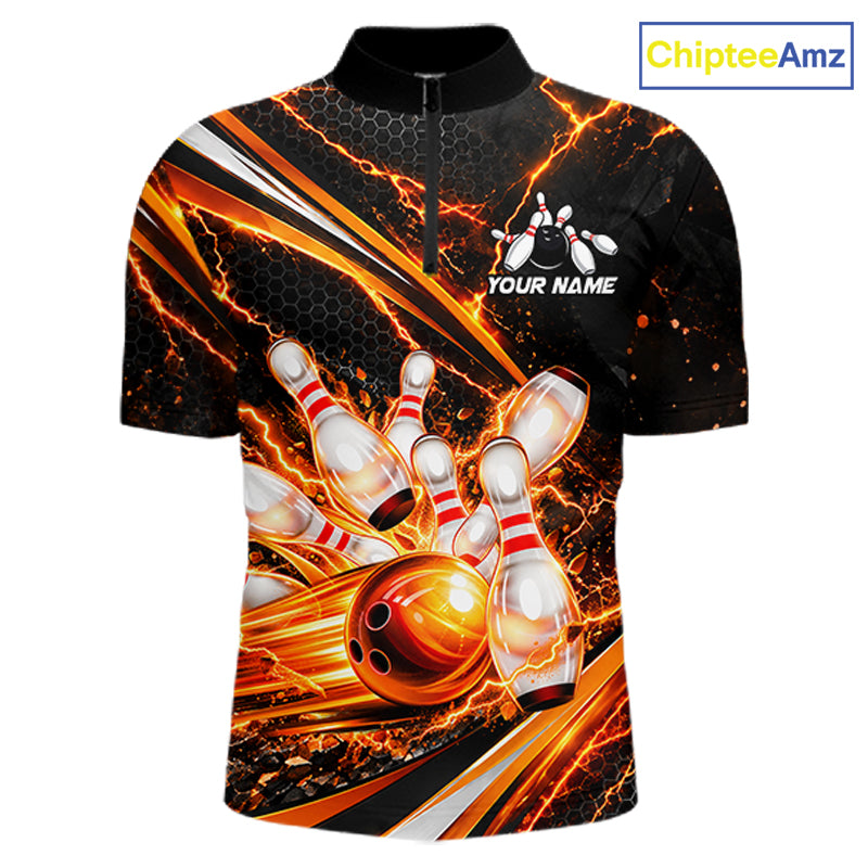 Custom Orange Thunder Bowling Jerseys for Men Bowling Team Jerseys Bowling for Bowlers HNT607