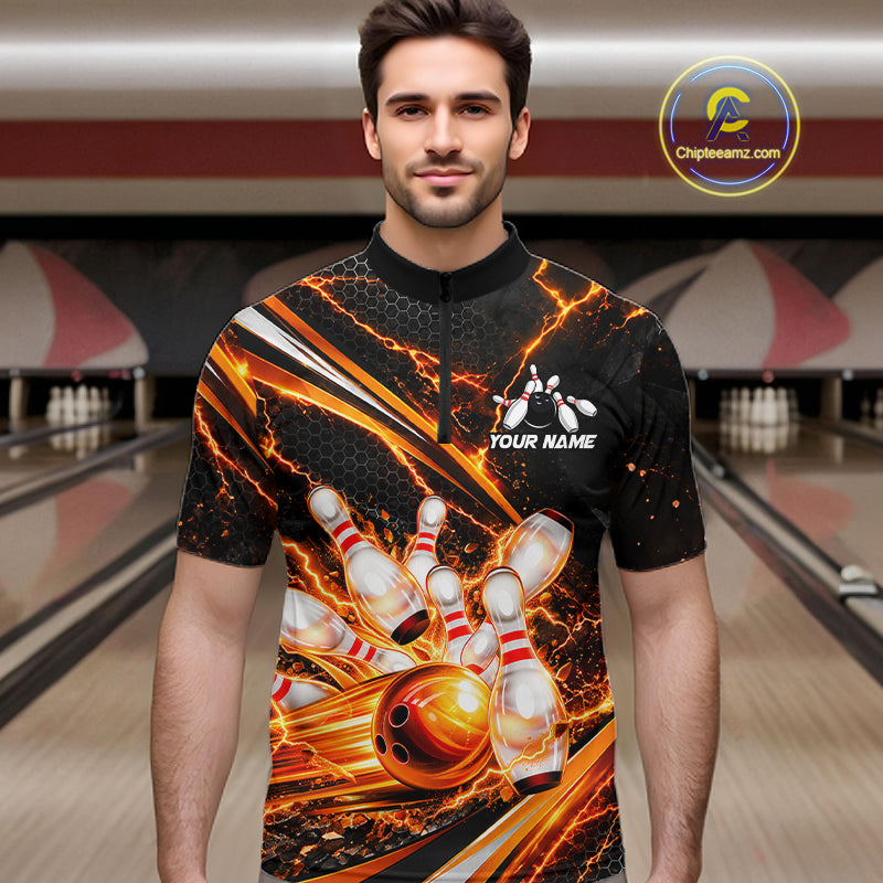 Custom Orange Thunder Bowling Jerseys for Men Bowling Team Jerseys Bowling for Bowlers HNT607