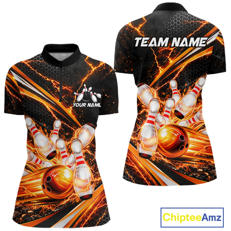 Custom Orange Thunder Bowling Jerseys for Women Bowling Team Jerseys Bowling for Bowlers HNT607