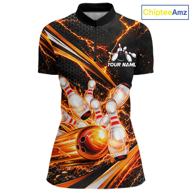 Custom Orange Thunder Bowling Jerseys for Women Bowling Team Jerseys Bowling for Bowlers HNT607