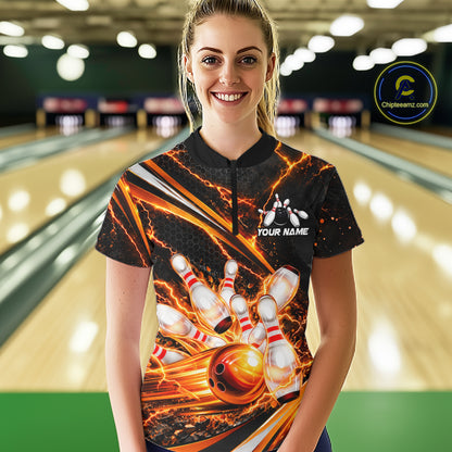 Custom Orange Thunder Bowling Jerseys for Women Bowling Team Jerseys Bowling for Bowlers HNT607