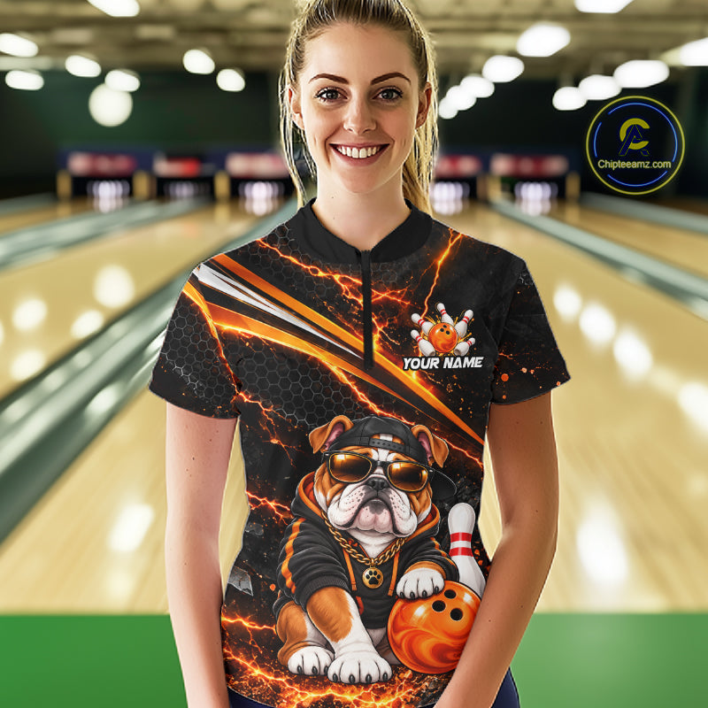 Custom Orange Funny Bulldog Bowling Jerseys for Women Bowling Team Jerseys Bowling for Bowlers HNT606
