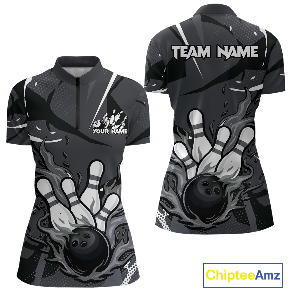 Custom Flame Bowling Jersey for Women Polo & 1/4 Zip Bowling Team Shirts Bowling League HNT151