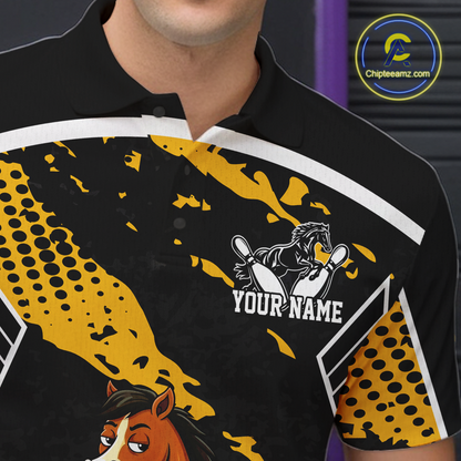 Custom Yellow Funny Horse Bowling Tournament Jersey for Men Bowling Team Shirts Polo & 1/4 Zip HNT180