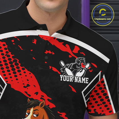 Custom Red Funny Horse Bowling Tournament Jersey for Men Bowling Team Shirts Polo & 1/4 Zip HNT180