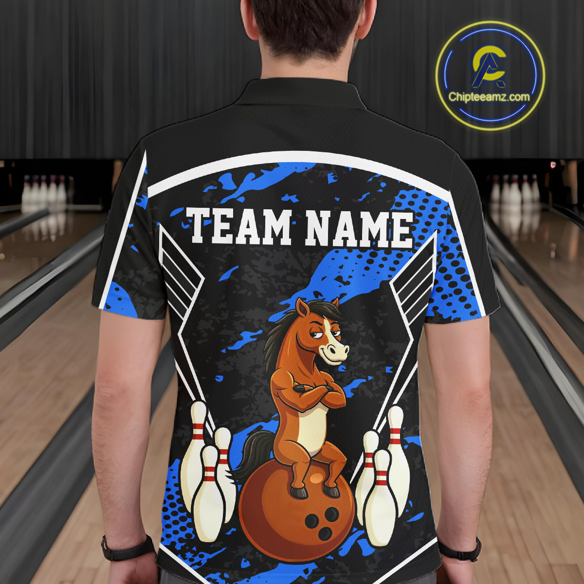 Custom Blue Funny Horse Bowling Tournament Jersey for Men Bowling Team Shirts Polo & 1/4 Zip HNT180