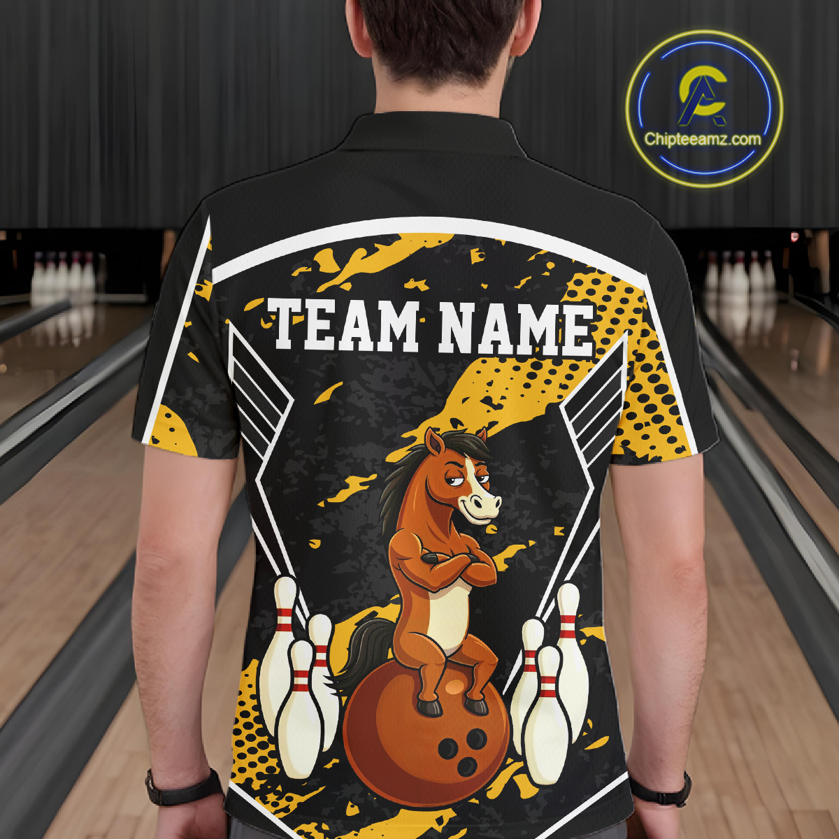 Custom Yellow Funny Horse Bowling Tournament Jersey for Men Bowling Team Shirts Polo & 1/4 Zip HNT180