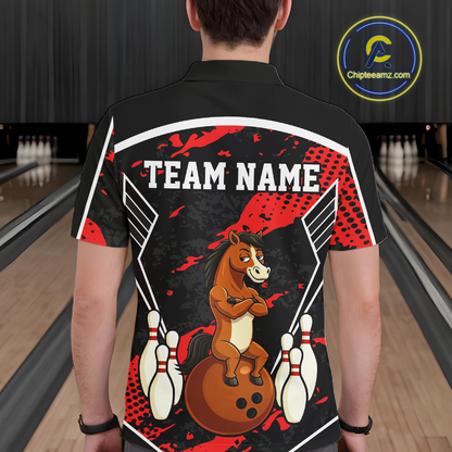 Custom Red Funny Horse Bowling Tournament Jersey for Men Bowling Team Shirts Polo & 1/4 Zip HNT180