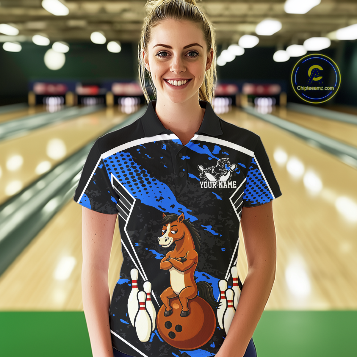 Custom Blue Funny Horse Bowling Tournament Jersey for Women Bowling Team Shirts Polo & 1/4 Zip HNT180
