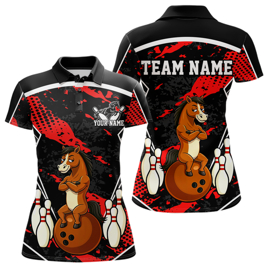 Custom Red Funny Horse Bowling Tournament Jersey for Women Bowling Team Shirts Polo & 1/4 Zip HNT180