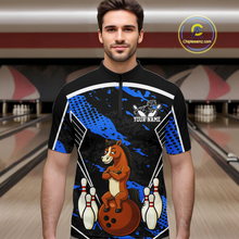 Load image into Gallery viewer, Custom Blue Funny Horse Bowling Tournament Jersey for Men Bowling Team Shirts Polo &amp; 1/4 Zip HNT180