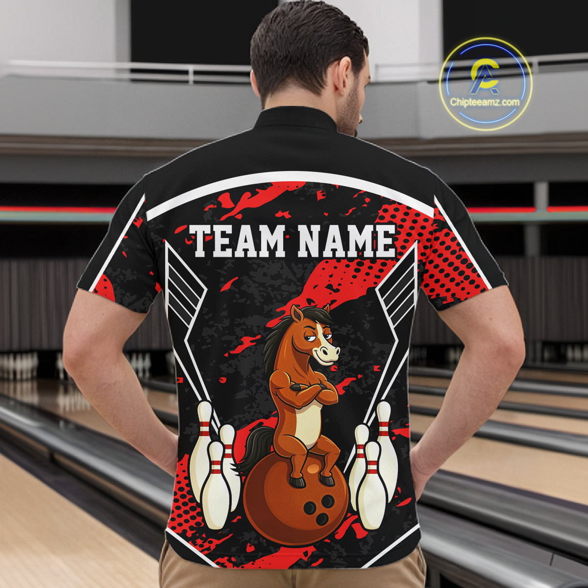 Custom Red Funny Horse Bowling Tournament Jersey for Men Bowling Team Shirts Polo & 1/4 Zip HNT180