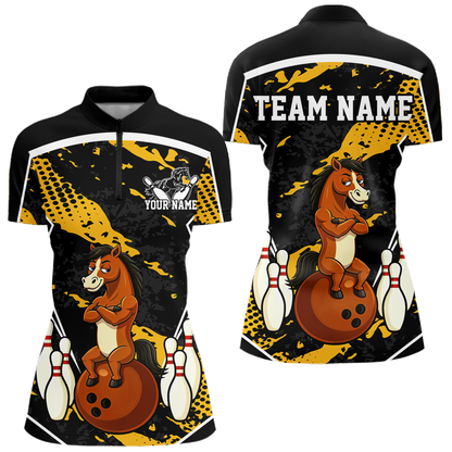 Custom Yellow Funny Horse Bowling Tournament Jersey for Women Bowling Team Shirts Polo & 1/4 Zip HNT180