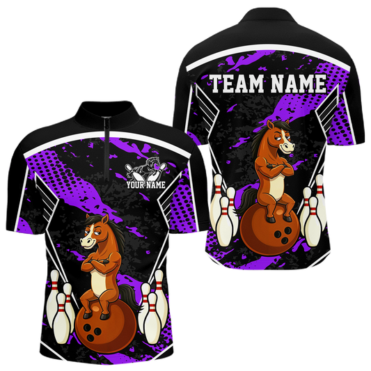 Custom Purple Funny Horse Bowling Tournament Jersey for Men Bowling Team Shirts Polo & 1/4 Zip HNT180