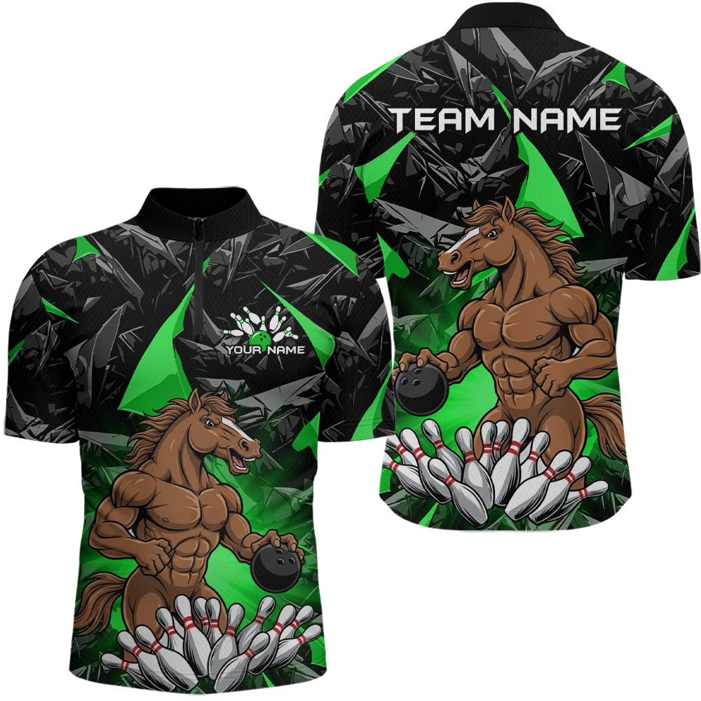 Custom Green Funny Horse Bowling Jersey for Men Bowling Team Shirts Bowling League Polo & 1/4 Zip HNT183