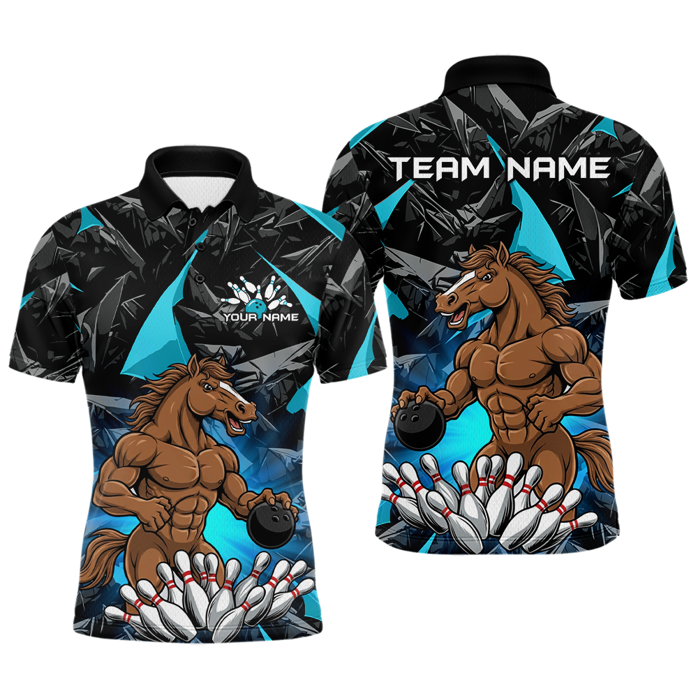 Custom Turquoise Funny Horse Bowling Jersey for Men Bowling Team Shirts Bowling League Polo & 1/4 Zip HNT183
