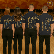 Load image into Gallery viewer, Four people wearing matching black shirts with a lion design and 'Team Name' text on a bowling alley background.