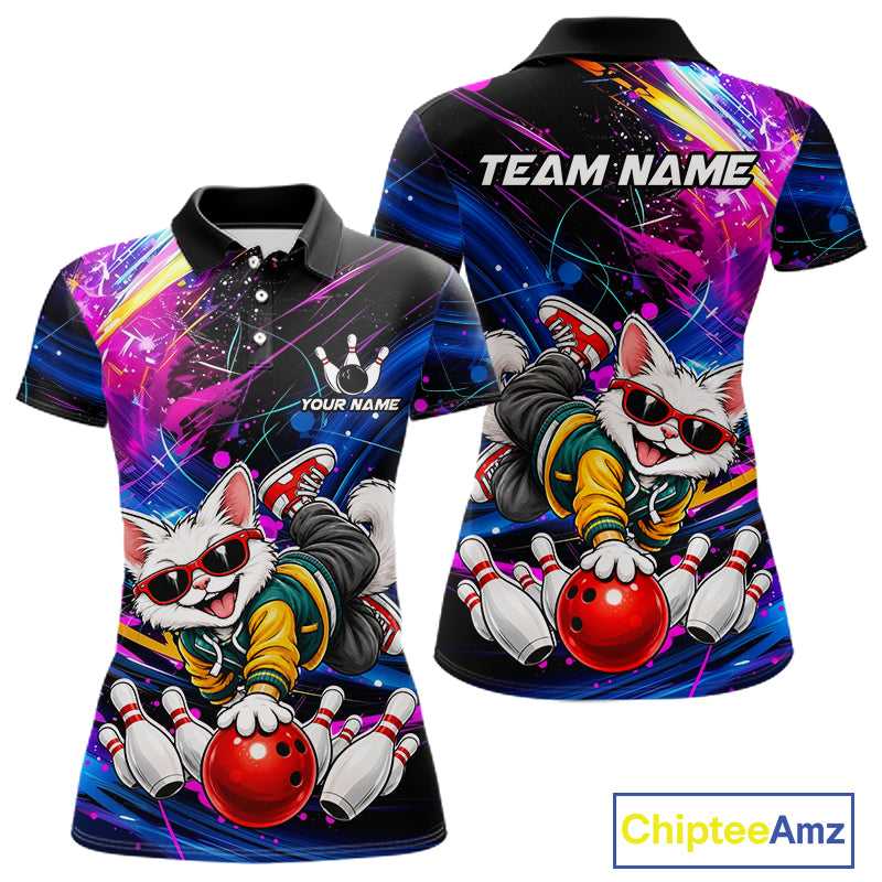 Custom Colorful Funny Cat Bowling Jerseys for Women Bowling Team Jerseys Bowling for Bowlers HNT609