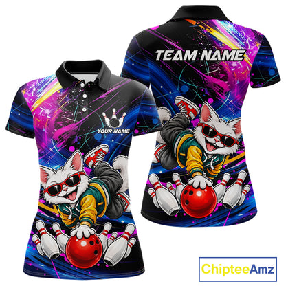 Custom Colorful Funny Cat Bowling Jerseys for Women Bowling Team Jerseys Bowling for Bowlers HNT609