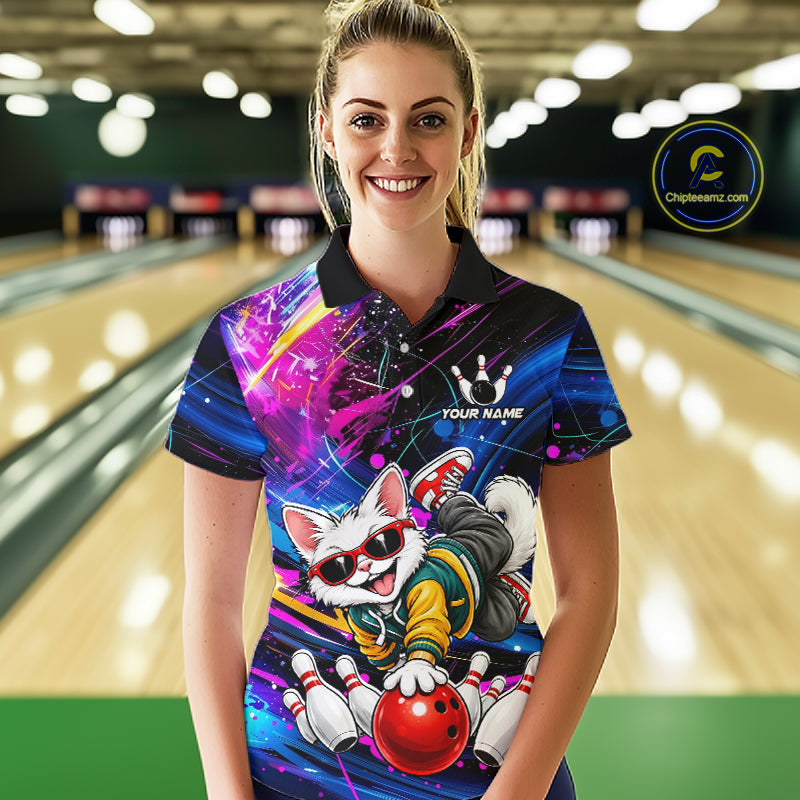 Custom Colorful Funny Cat Bowling Jerseys for Women Bowling Team Jerseys Bowling for Bowlers HNT609