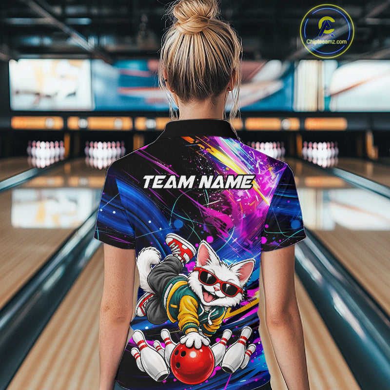 Custom Colorful Funny Cat Bowling Jerseys for Women Bowling Team Jerseys Bowling for Bowlers HNT609