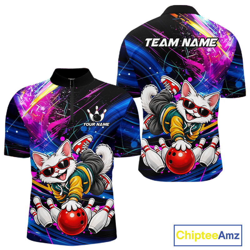Custom Colorful Funny Cat Bowling Jerseys for Men Bowling Team Jerseys Bowling for Bowlers HNT609