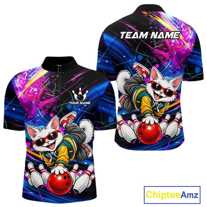 Custom Colorful Funny Cat Bowling Jerseys for Men Bowling Team Jerseys Bowling for Bowlers HNT609