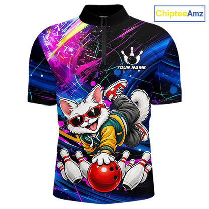 Custom Colorful Funny Cat Bowling Jerseys for Men Bowling Team Jerseys Bowling for Bowlers HNT609