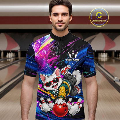Custom Colorful Funny Cat Bowling Jerseys for Men Bowling Team Jerseys Bowling for Bowlers HNT609