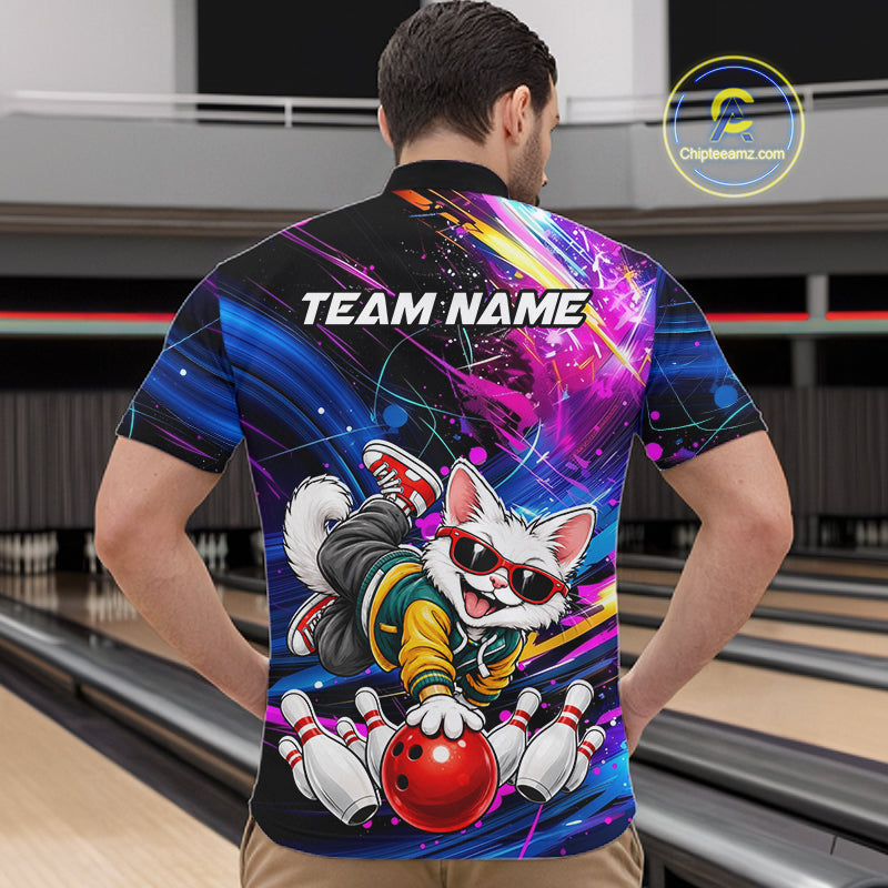 Custom Colorful Funny Cat Bowling Jerseys for Men Bowling Team Jerseys Bowling for Bowlers HNT609