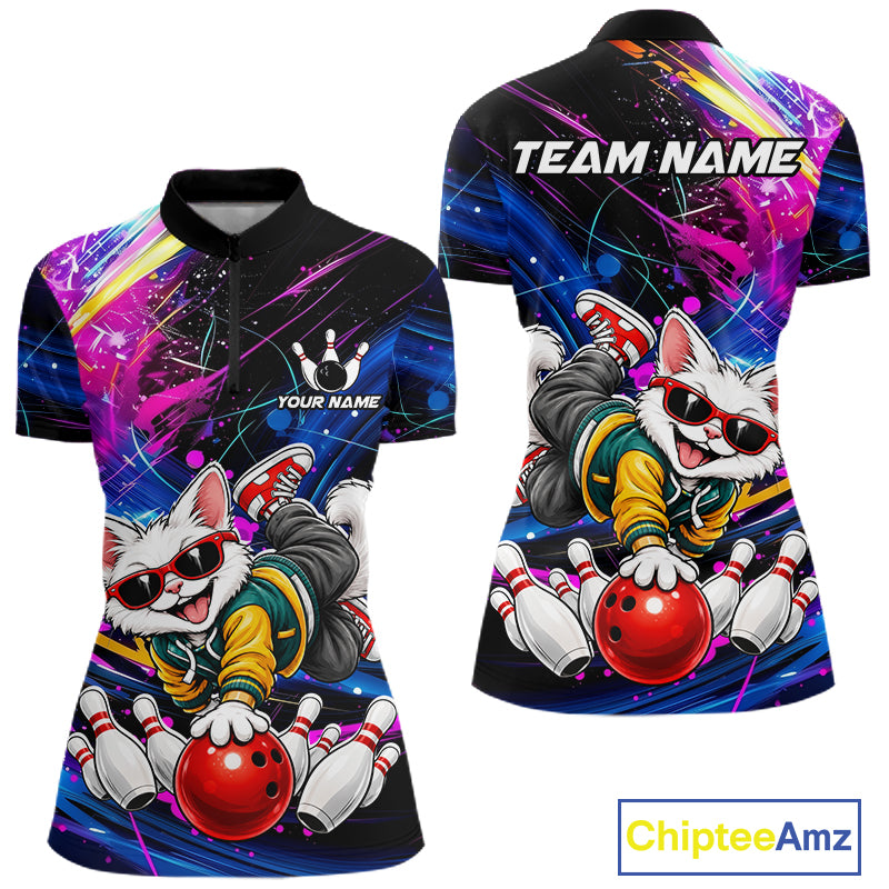 Custom Colorful Funny Cat Bowling Jerseys for Women Bowling Team Jerseys Bowling for Bowlers HNT609