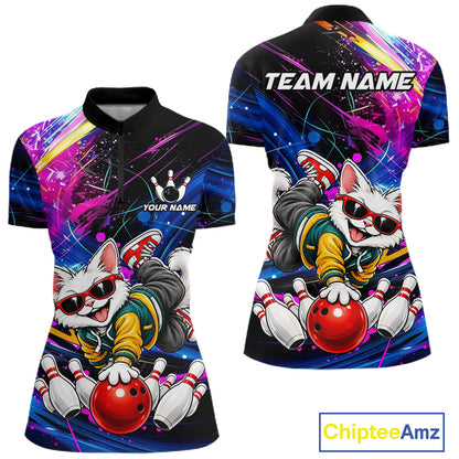 Custom Colorful Funny Cat Bowling Jerseys for Women Bowling Team Jerseys Bowling for Bowlers HNT609