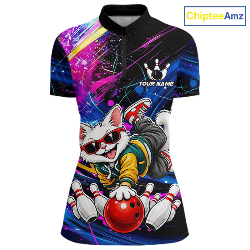 Custom Colorful Funny Cat Bowling Jerseys for Women Bowling Team Jerseys Bowling for Bowlers HNT609
