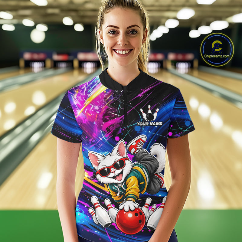 Custom Colorful Funny Cat Bowling Jerseys for Women Bowling Team Jerseys Bowling for Bowlers HNT609