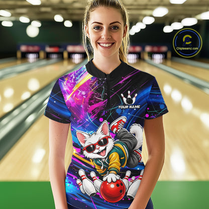 Custom Colorful Funny Cat Bowling Jerseys for Women Bowling Team Jerseys Bowling for Bowlers HNT609