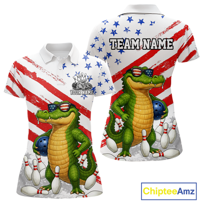 Custom US Flag Funny Alligator Bowling shirts for Women, Crocodile Bowling Team Jerseys HNT206