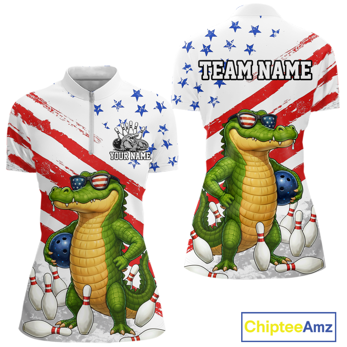 Custom US Flag Funny Alligator Bowling shirts for Women, Crocodile Bowling Team Jerseys HNT206