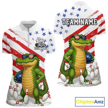 Custom US Flag Funny Alligator Bowling shirts for Women, Crocodile Bowling Team Jerseys HNT206