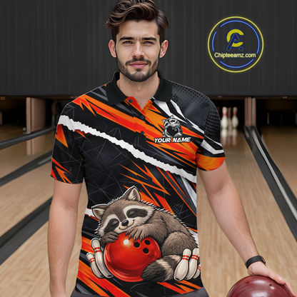 Custom Orange Raccoon Funny Bowling Jersey for Men Bowling Team Shirts Polo & 1/4 Zip HNT247
