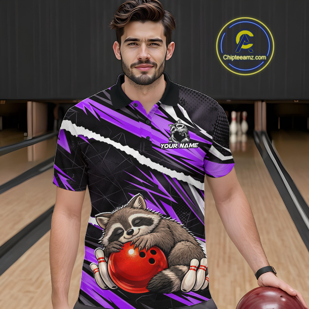 Custom Purple Raccoon Funny Bowling Jersey for Men Bowling Team Shirts Polo & 1/4 Zip HNT247