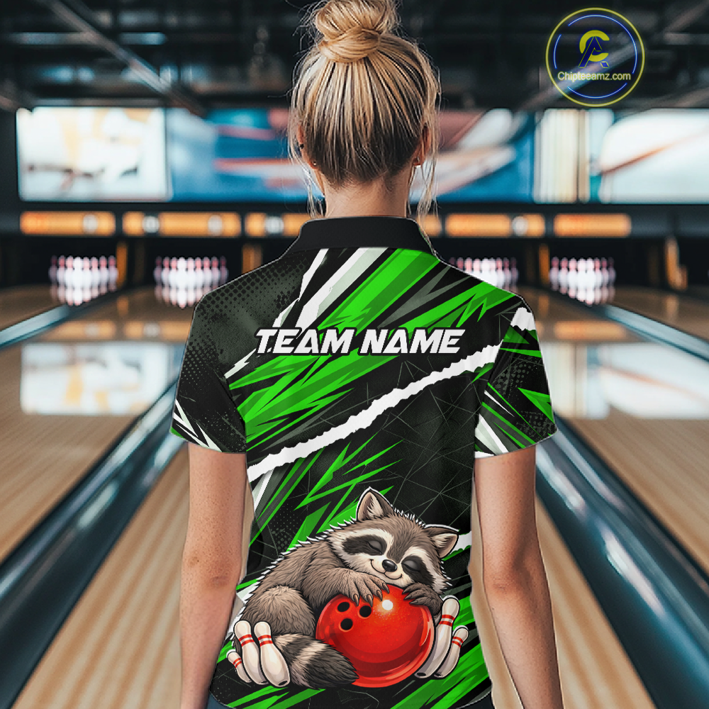 Custom Green Raccoon Funny Bowling Jersey for Women Bowling Team Shirts Polo & 1/4 Zip HNT247