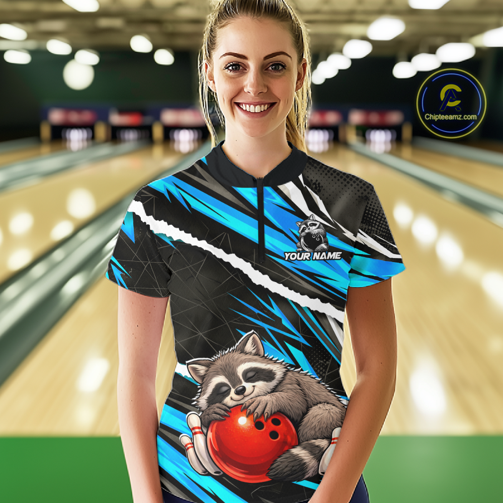 Custom Turquoise Raccoon Funny Bowling Jersey for Women Bowling Team Shirts Polo & 1/4 Zip HNT247