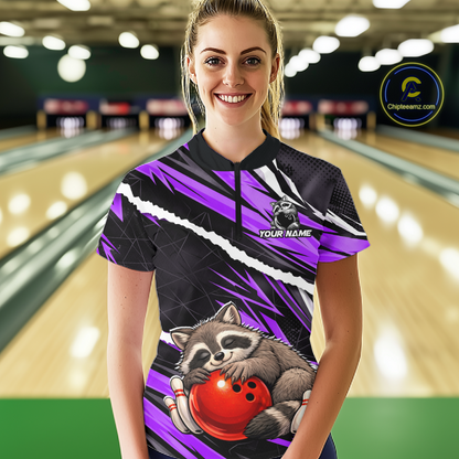 Custom Purple Raccoon Funny Bowling Jersey for Women Bowling Team Shirts Polo & 1/4 Zip HNT247